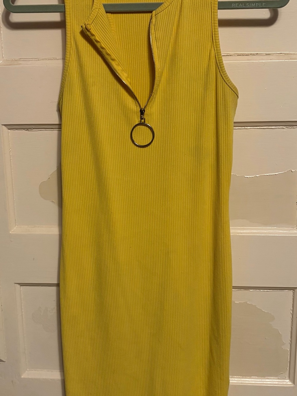 Papaya Yellow Ribbed Sleeveless Zip Dress with Ring Pull